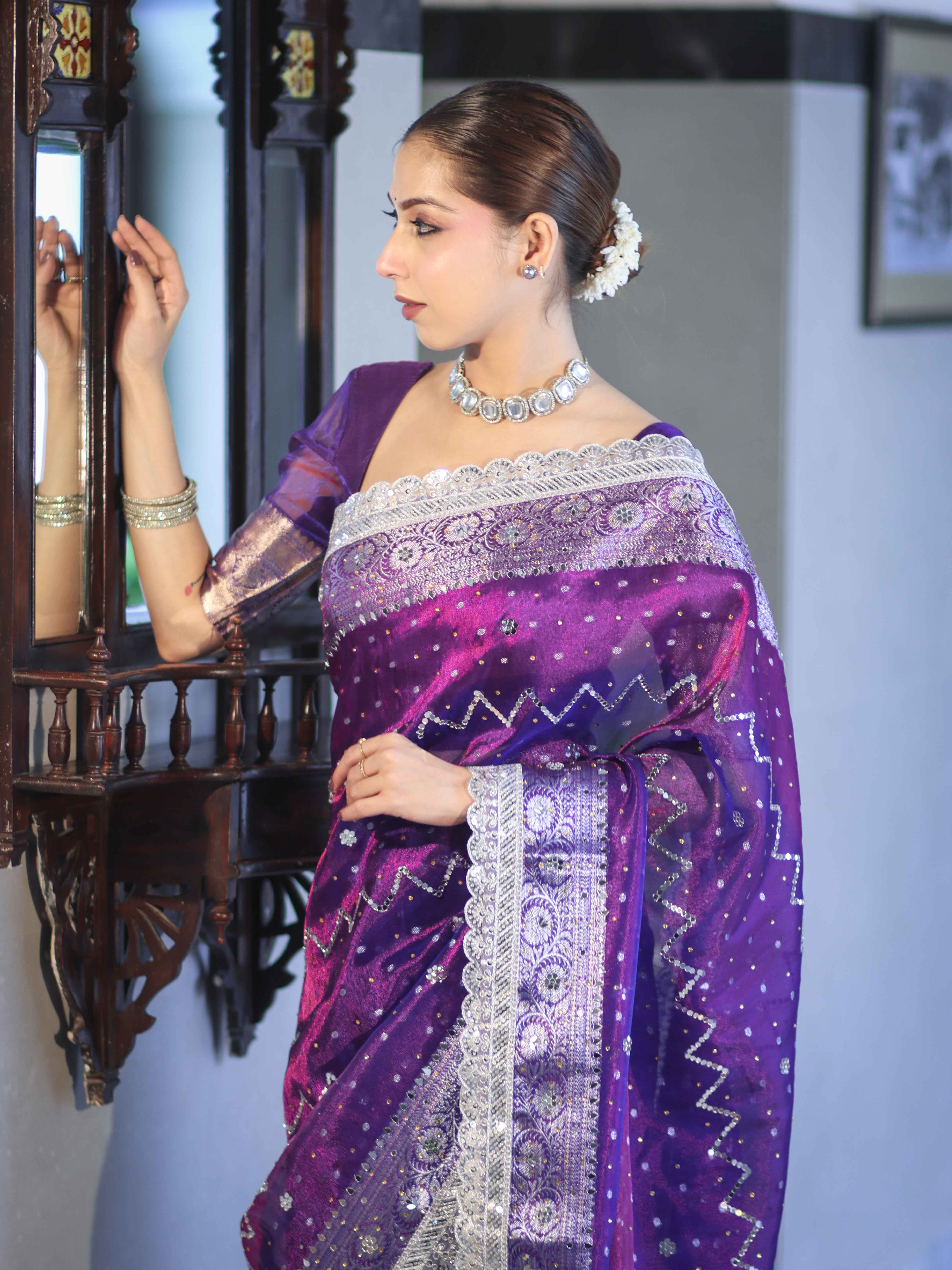 Banarasee Tissue Hand Embroidered Mirror Work Saree With Pearl Motifs & Swarovski Work-Violet & Magenta