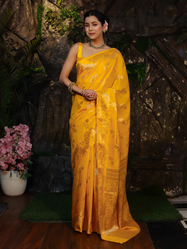 Banarasee Pure Chiniya Silk Saree With Zari Work & Floral Border-Yellow