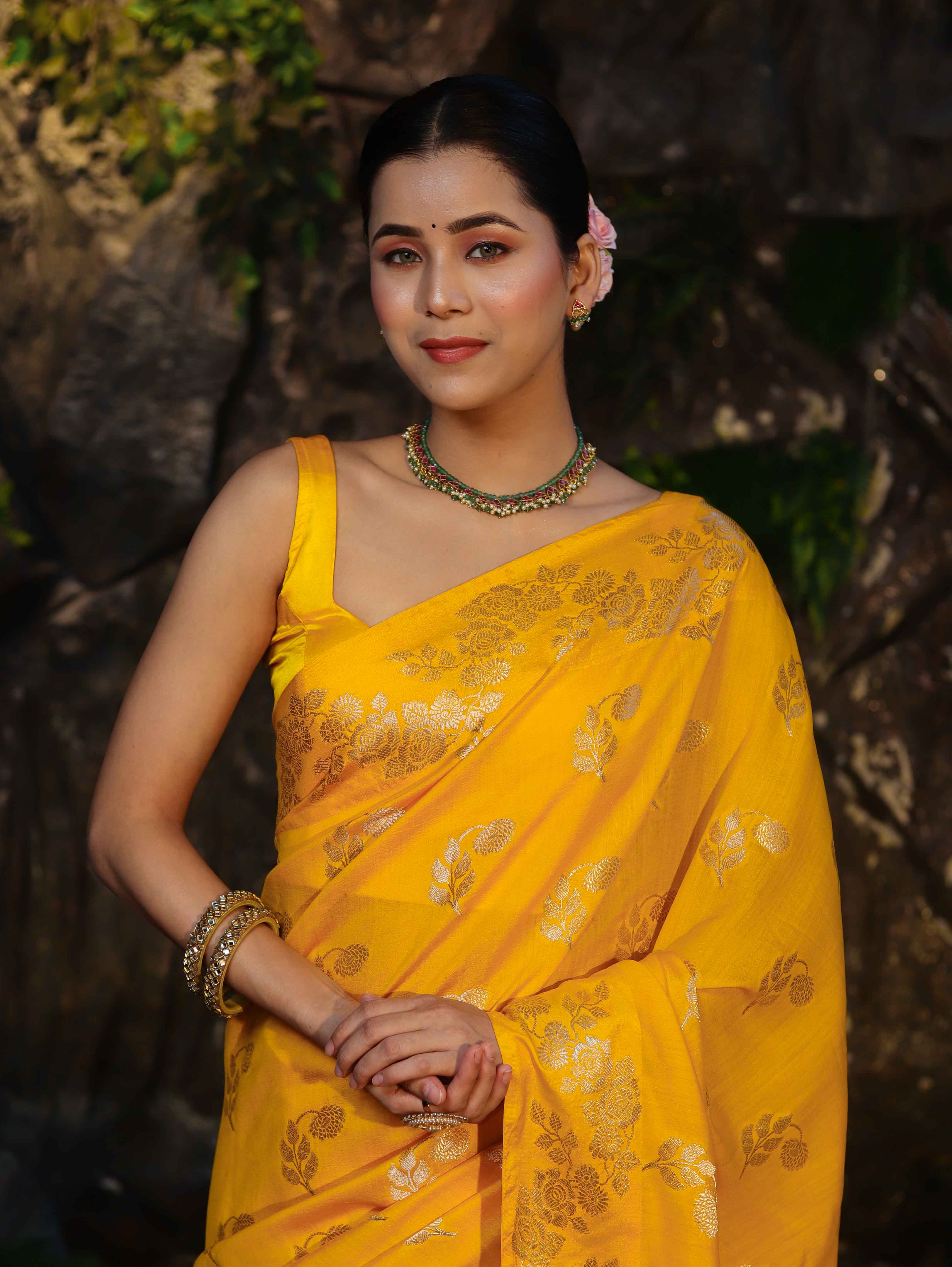 Banarasee Pure Chiniya Silk Saree With Zari Work & Floral Border-Yellow