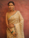 Banarasee Handwoven Tissue Saree With Zig-Zag Design & Broder Lace-Beige