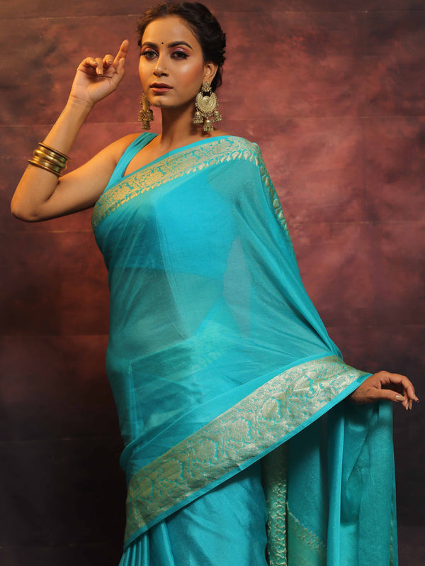 Banarasee Handwoven Semi Silk Plain Saree With Zari Border-Blue