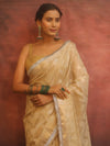Banarasee Handwoven Tissue Saree With Zig-Zag Design & Broder Lace-Beige