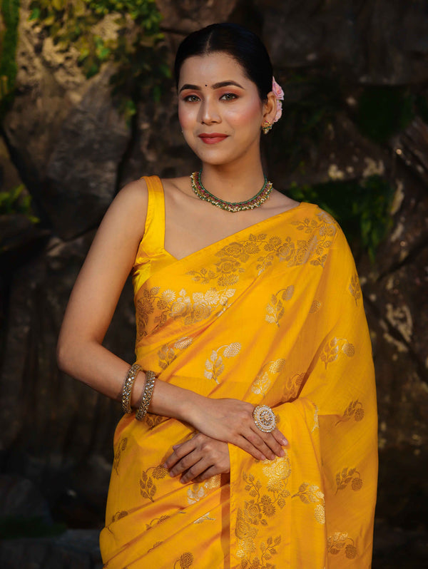 Banarasee Pure Chiniya Silk Saree With Zari Work & Floral Border-Yellow