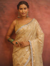 Banarasee Handwoven Tissue Saree With Zig-Zag Design & Broder Lace-Beige