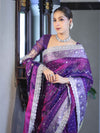 Banarasee Tissue Hand Embroidered Mirror Work Saree With Pearl Motifs & Swarovski Work-Violet & Magenta