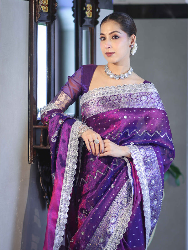 Banarasee Tissue Hand Embroidered Mirror Work Saree With Pearl Motifs & Swarovski Work-Violet & Magenta