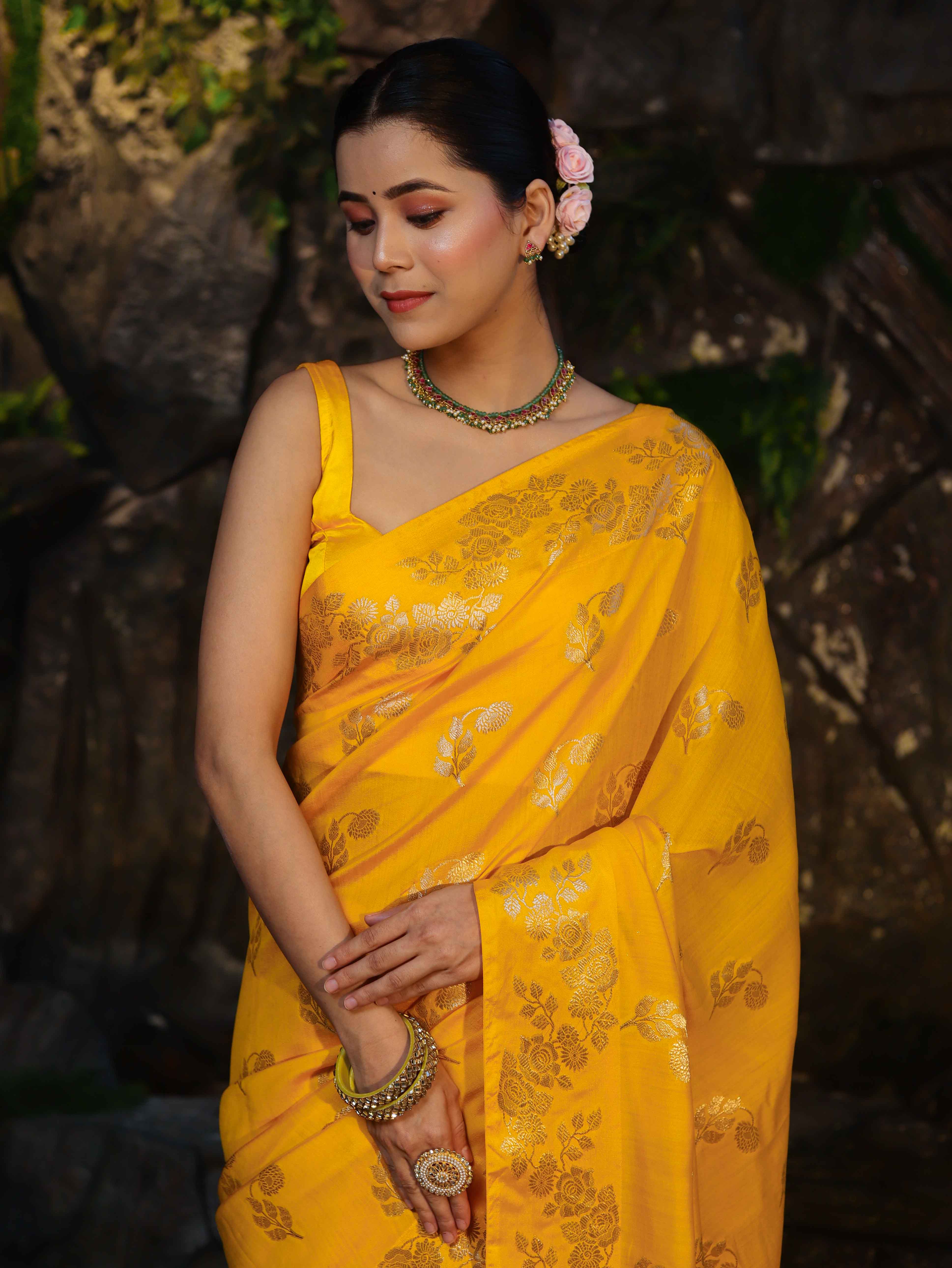 Banarasee Pure Chiniya Silk Saree With Zari Work & Floral Border-Yellow