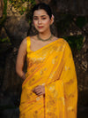 Banarasee Pure Chiniya Silk Saree With Zari Work & Floral Border-Yellow
