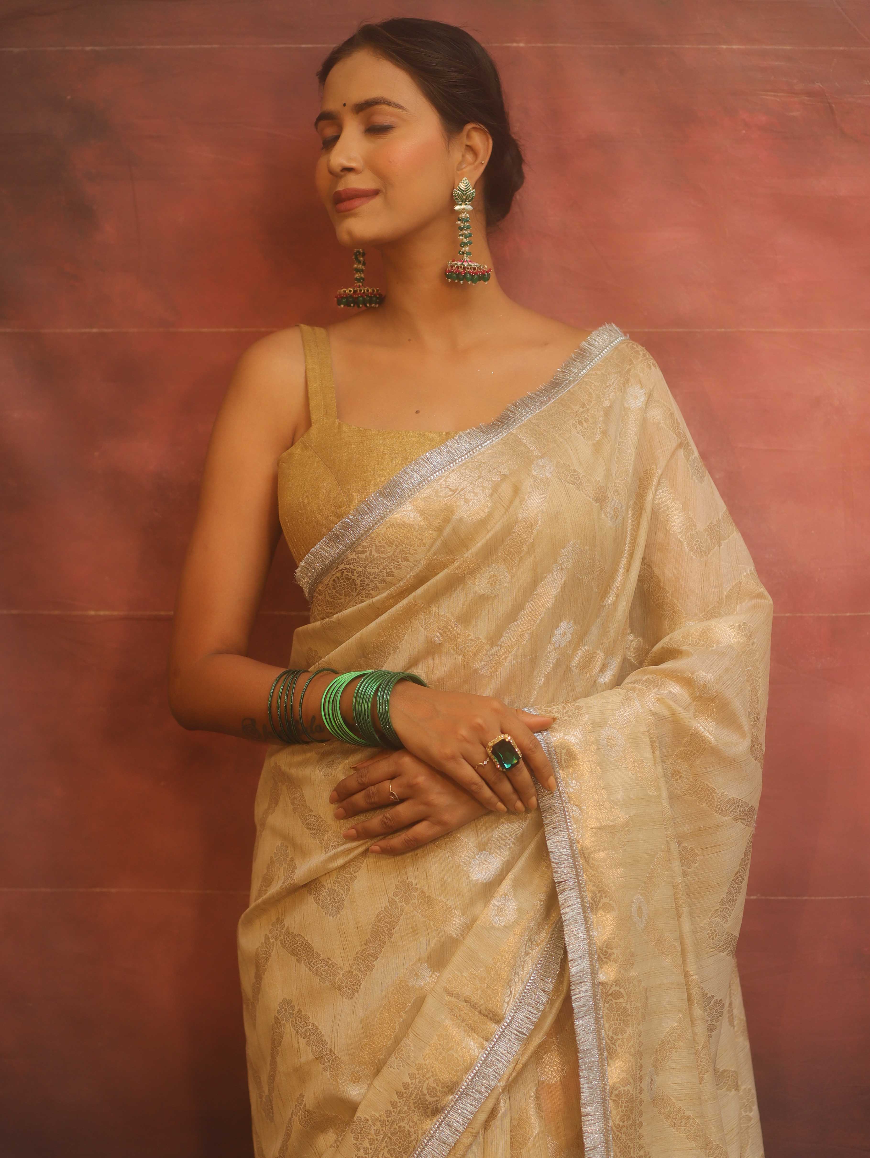 Banarasee Handwoven Tissue Saree With Zig-Zag Design & Broder Lace-Beige