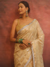 Banarasee Handwoven Tissue Saree With Zig-Zag Design & Broder Lace-Beige