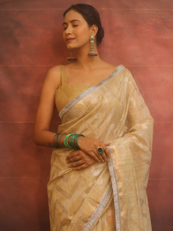 Banarasee Handwoven Tissue Saree With Zig-Zag Design & Broder Lace-Beige