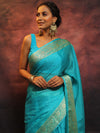 Banarasee Handwoven Semi Silk Plain Saree With Zari Border-Blue