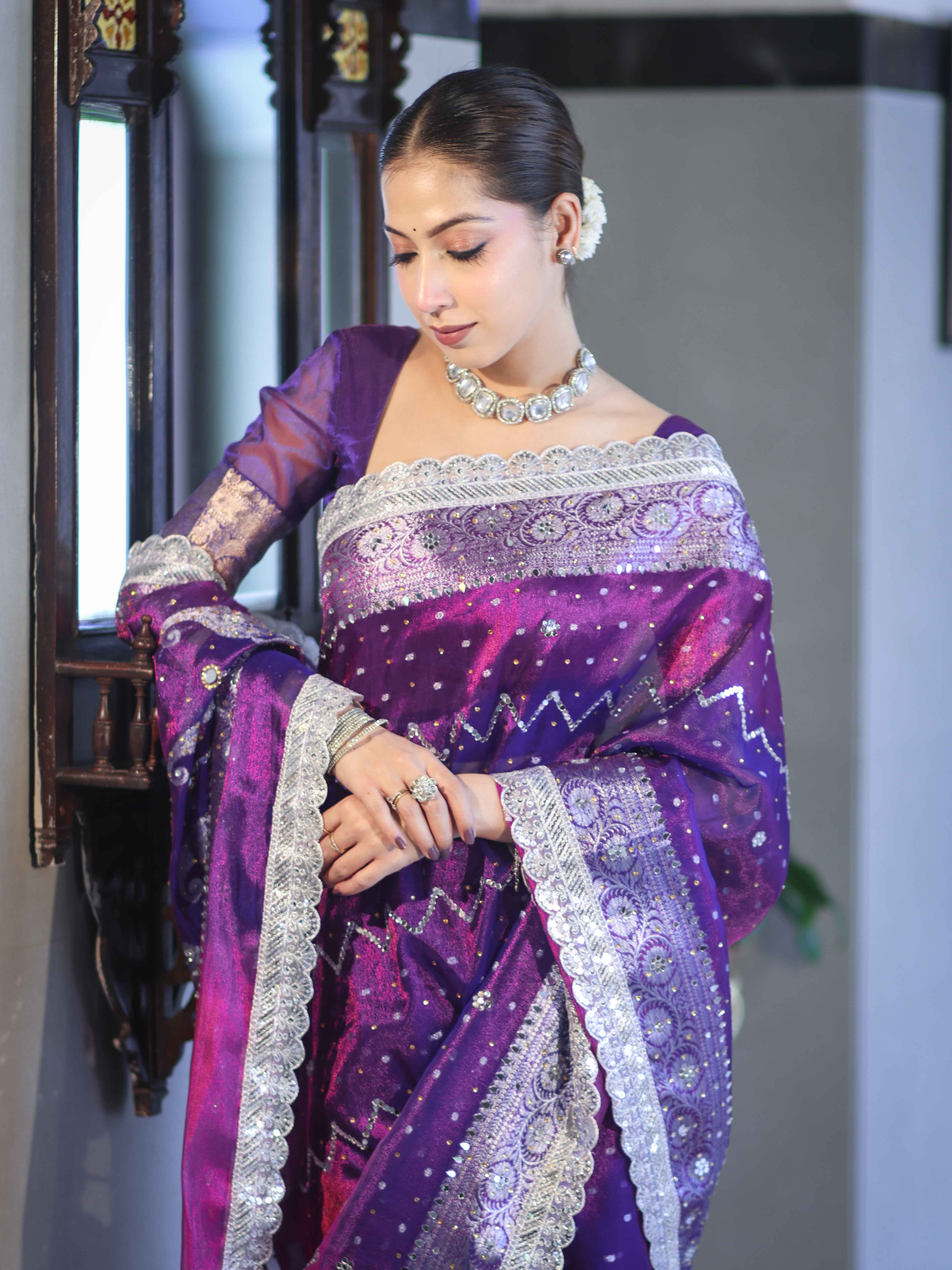 Banarasee Tissue Hand Embroidered Mirror Work Saree With Pearl Motifs & Swarovski Work-Violet & Magenta