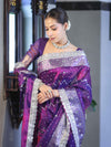 Banarasee Tissue Hand Embroidered Mirror Work Saree With Pearl Motifs & Swarovski Work-Violet & Magenta