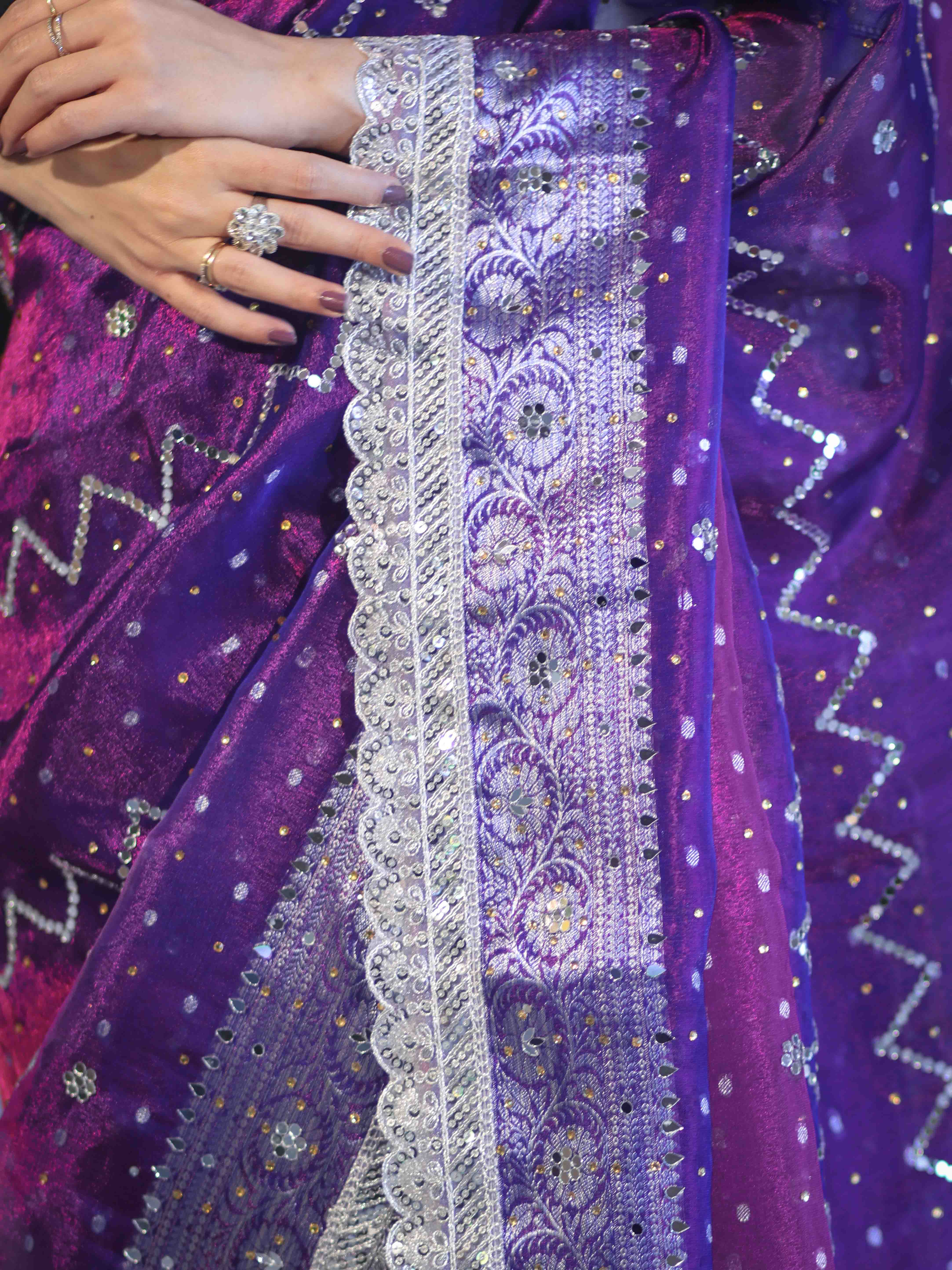 Banarasee Tissue Hand Embroidered Mirror Work Saree With Pearl Motifs & Swarovski Work-Violet & Magenta