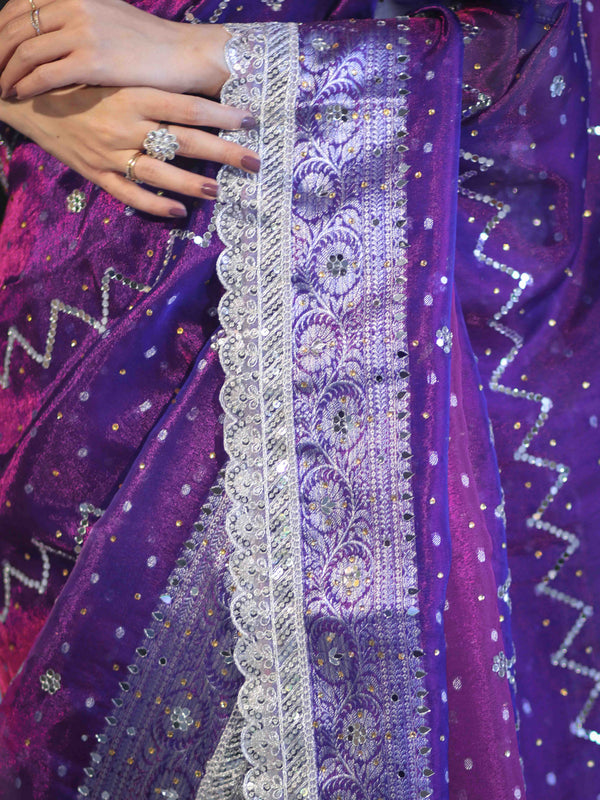 Banarasee Tissue Hand Embroidered Mirror Work Saree With Pearl Motifs & Swarovski Work-Violet & Magenta