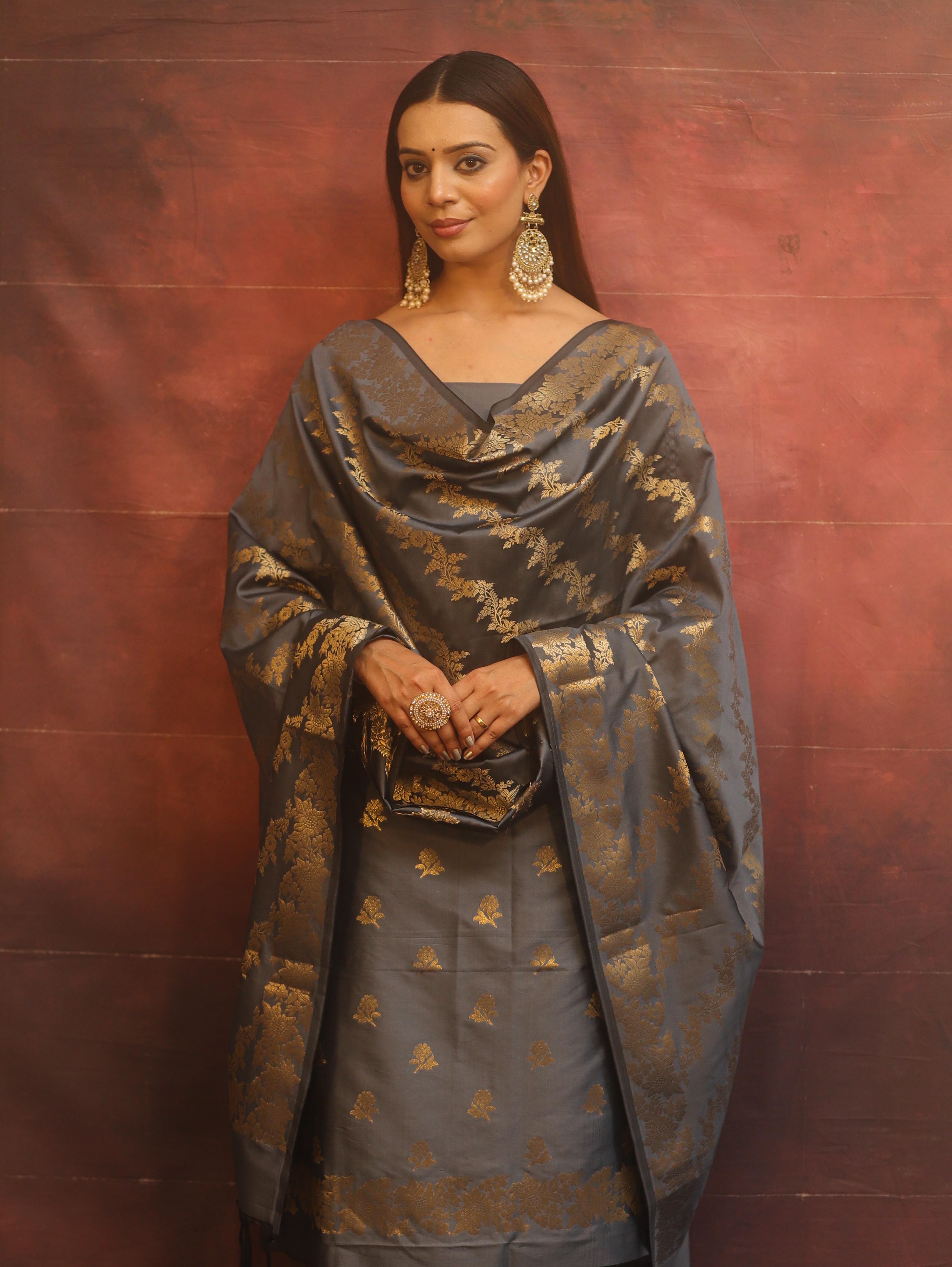 Banarasee Semi-Silk Salwar Kameez Fabric With Dupatta Set-Grey