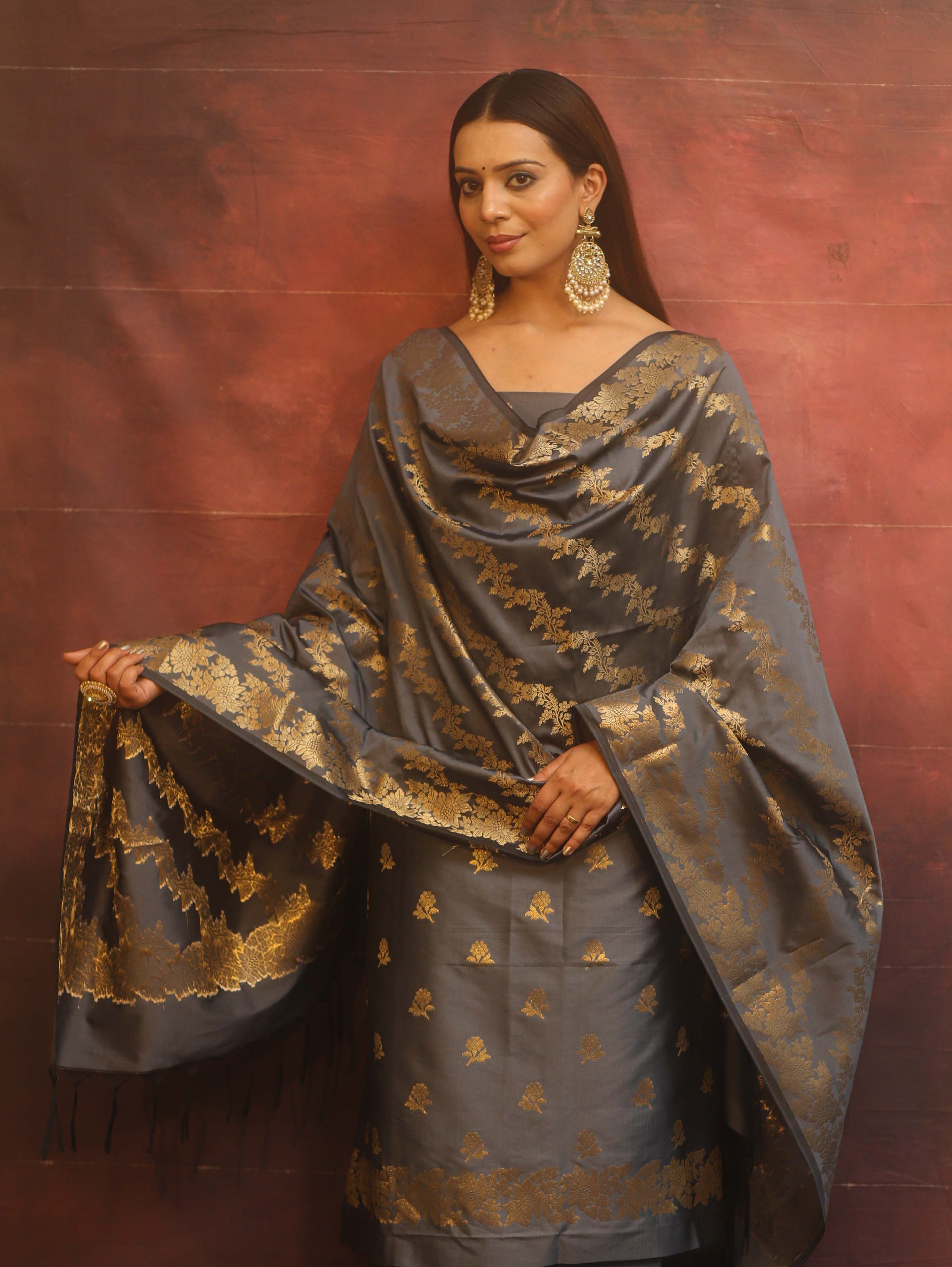 Banarasee Semi-Silk Salwar Kameez Fabric With Dupatta Set-Grey