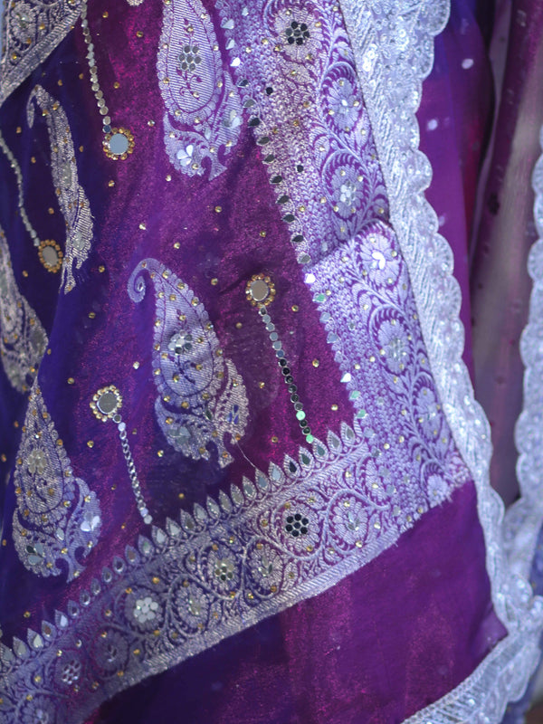 Banarasee Tissue Hand Embroidered Mirror Work Saree With Pearl Motifs & Swarovski Work-Violet & Magenta