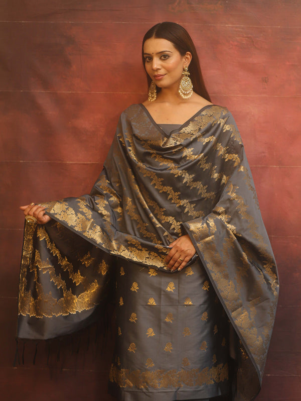 Banarasee Semi-Silk Salwar Kameez Fabric With Dupatta Set-Grey