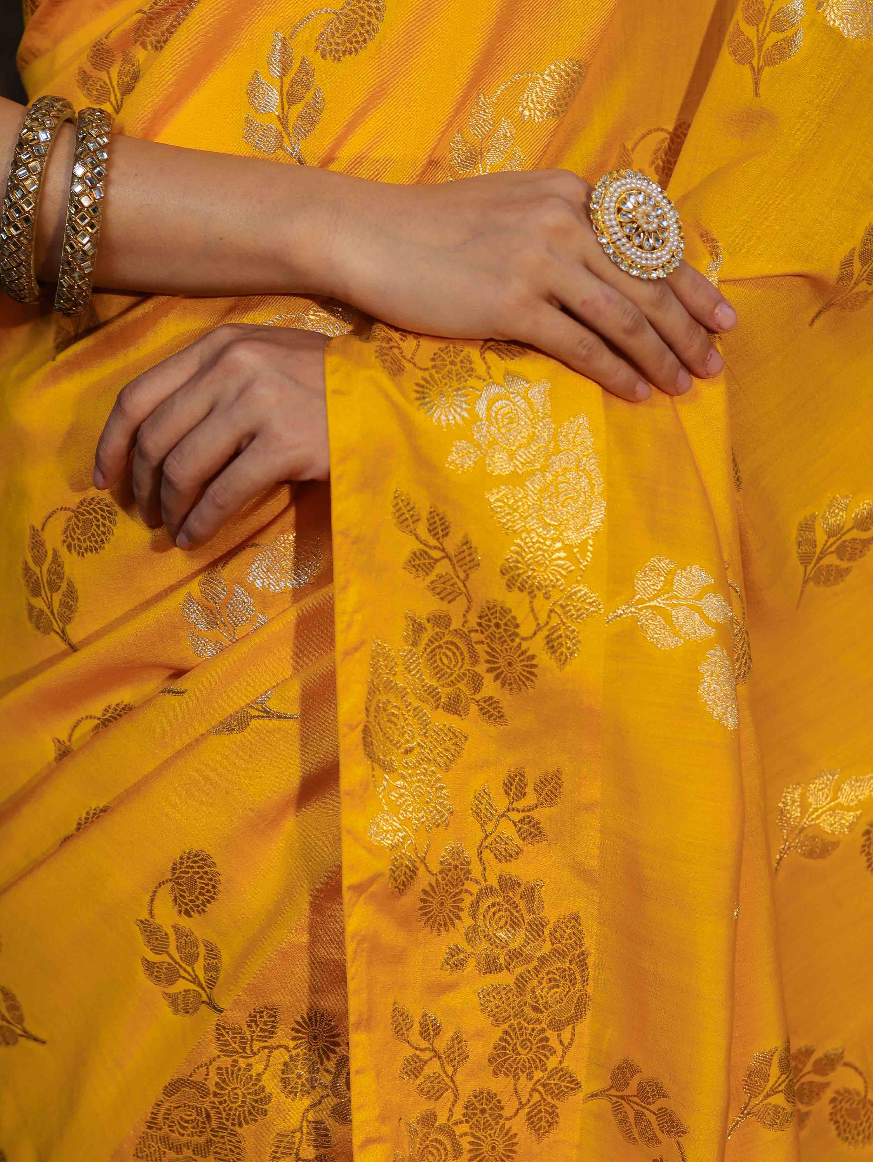Banarasee Pure Chiniya Silk Saree With Zari Work & Floral Border-Yellow