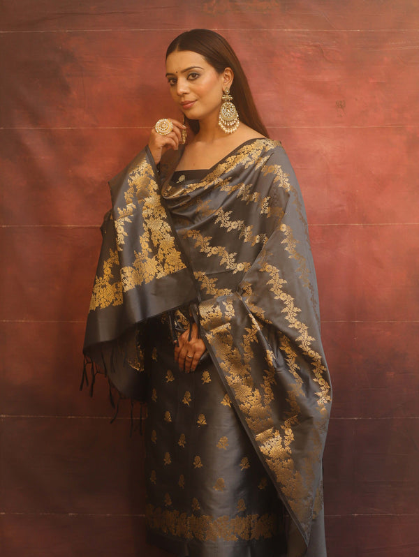 Banarasee Semi-Silk Salwar Kameez Fabric With Dupatta Set-Grey
