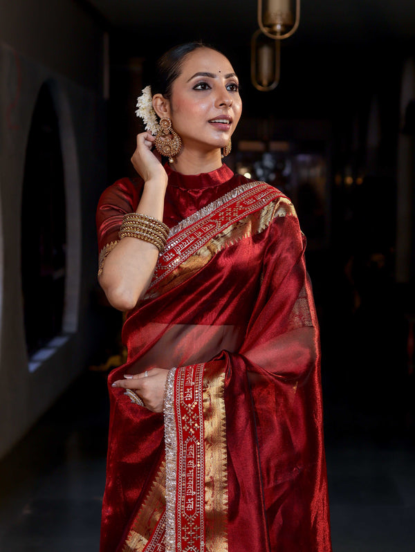 Banarasee Handwoven Tissue (Saubhagyavati Bhava) Lace Saree-Maroon