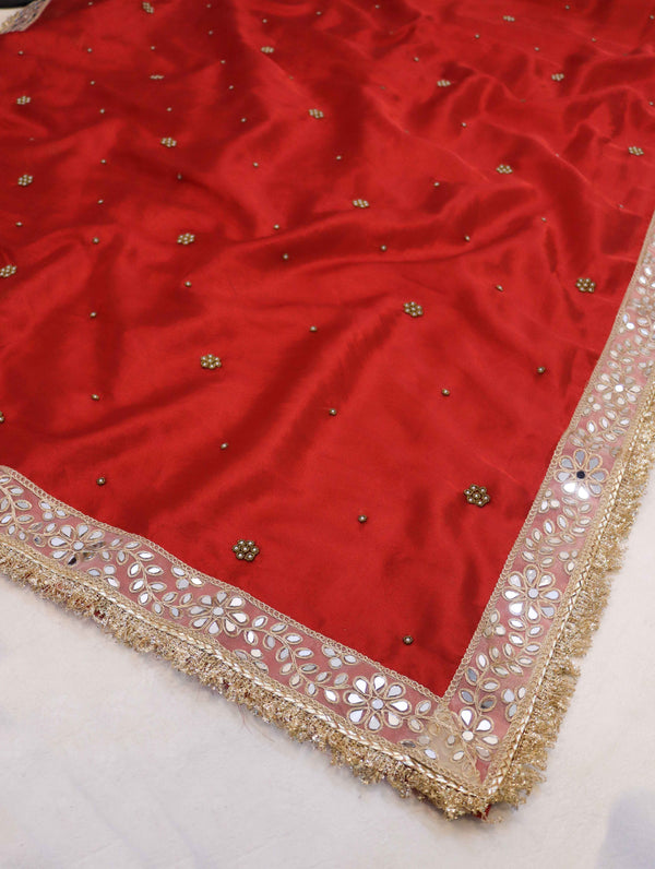 Banarasee Tissue Saree With Handwoven Motifs & Mirror Work Lace-Deep Red
