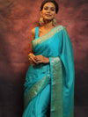 Banarasee Handwoven Semi Silk Plain Saree With Zari Border-Blue