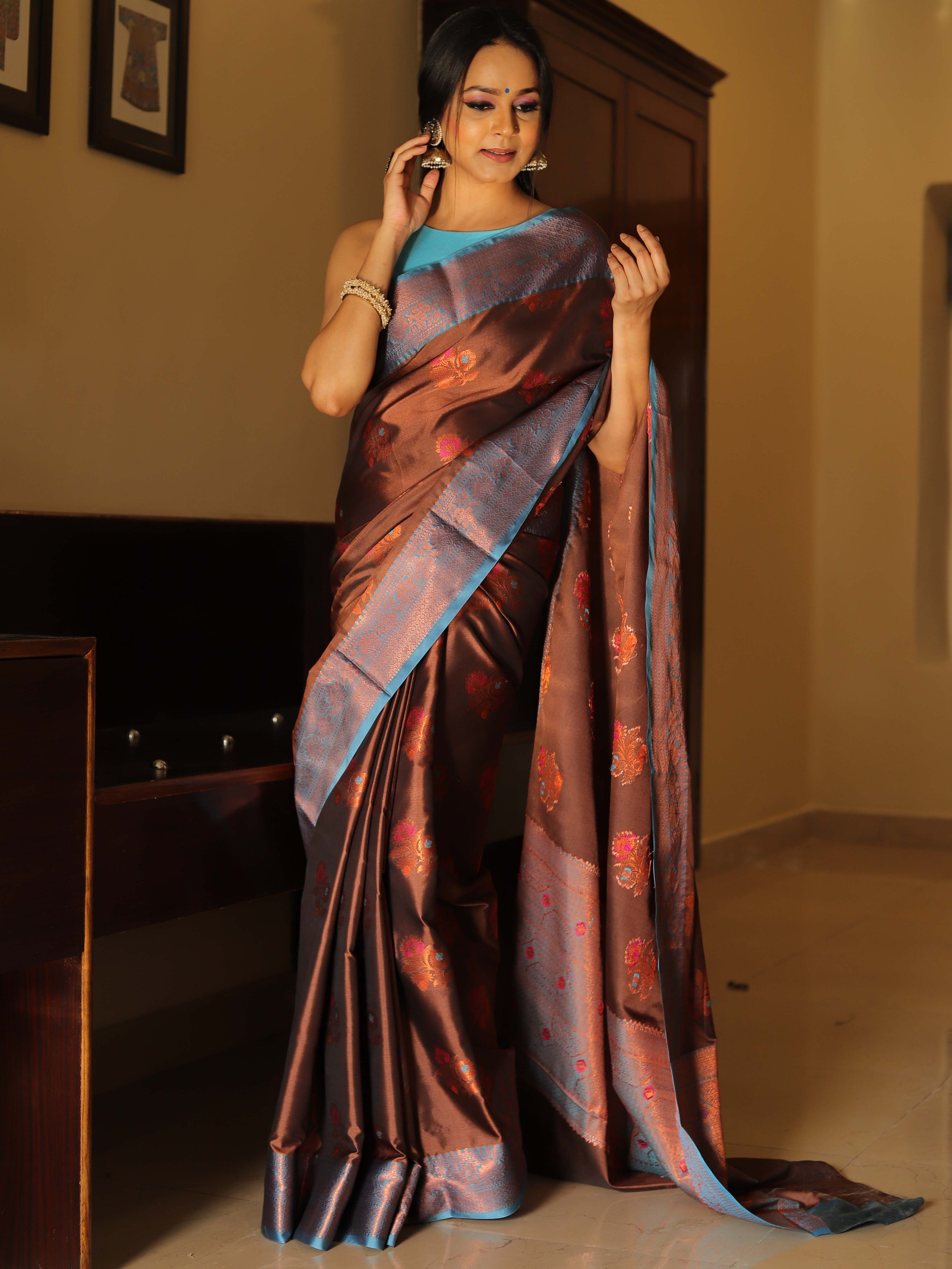 Banarasee Handwoven Semi Silk Saree With Contrast Border & Floral Buta-Brown & Blue