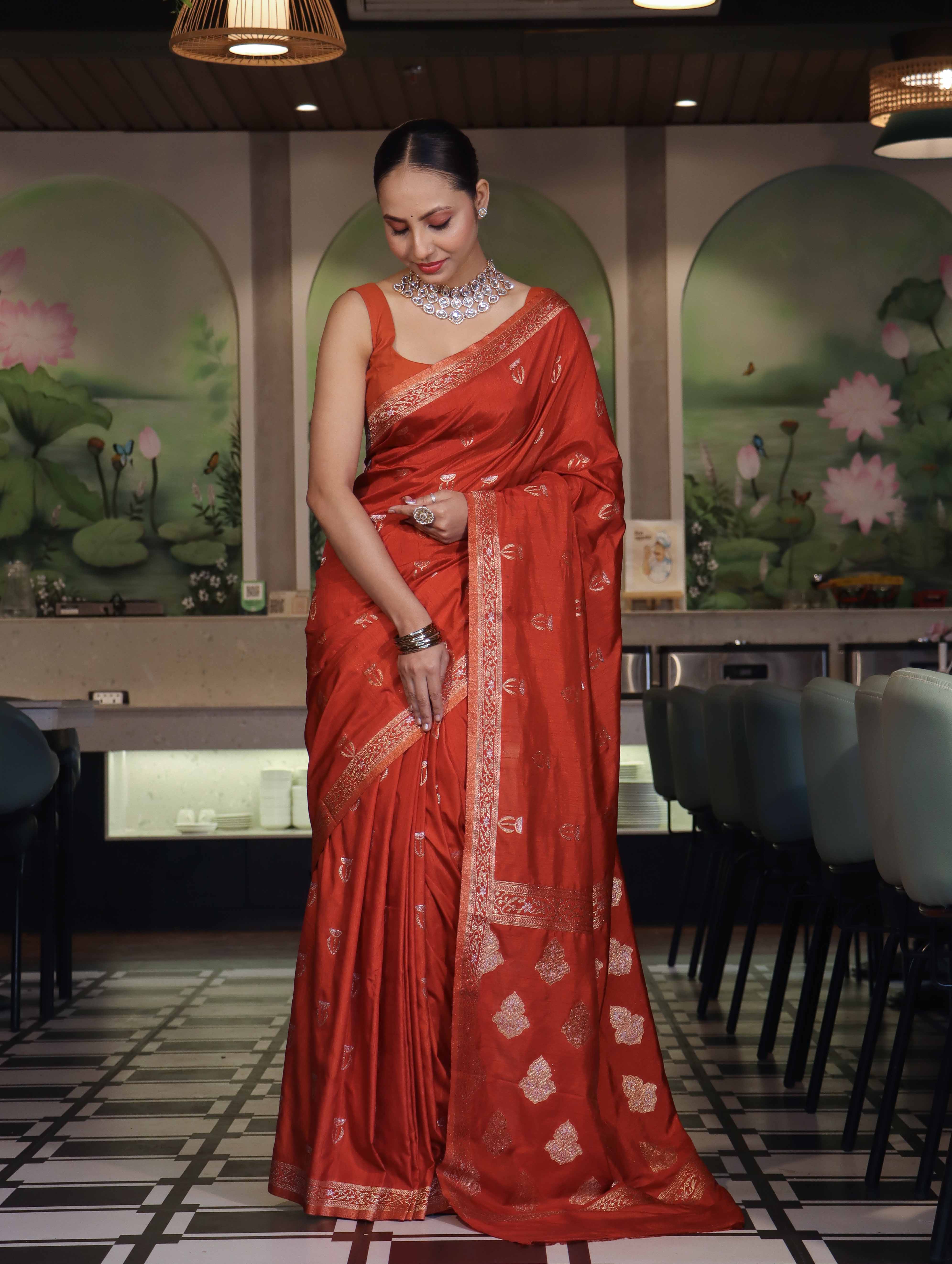 Banarasee Handloom Semi Silk Saree With Sona Rupa Zari Work & Border-Rust