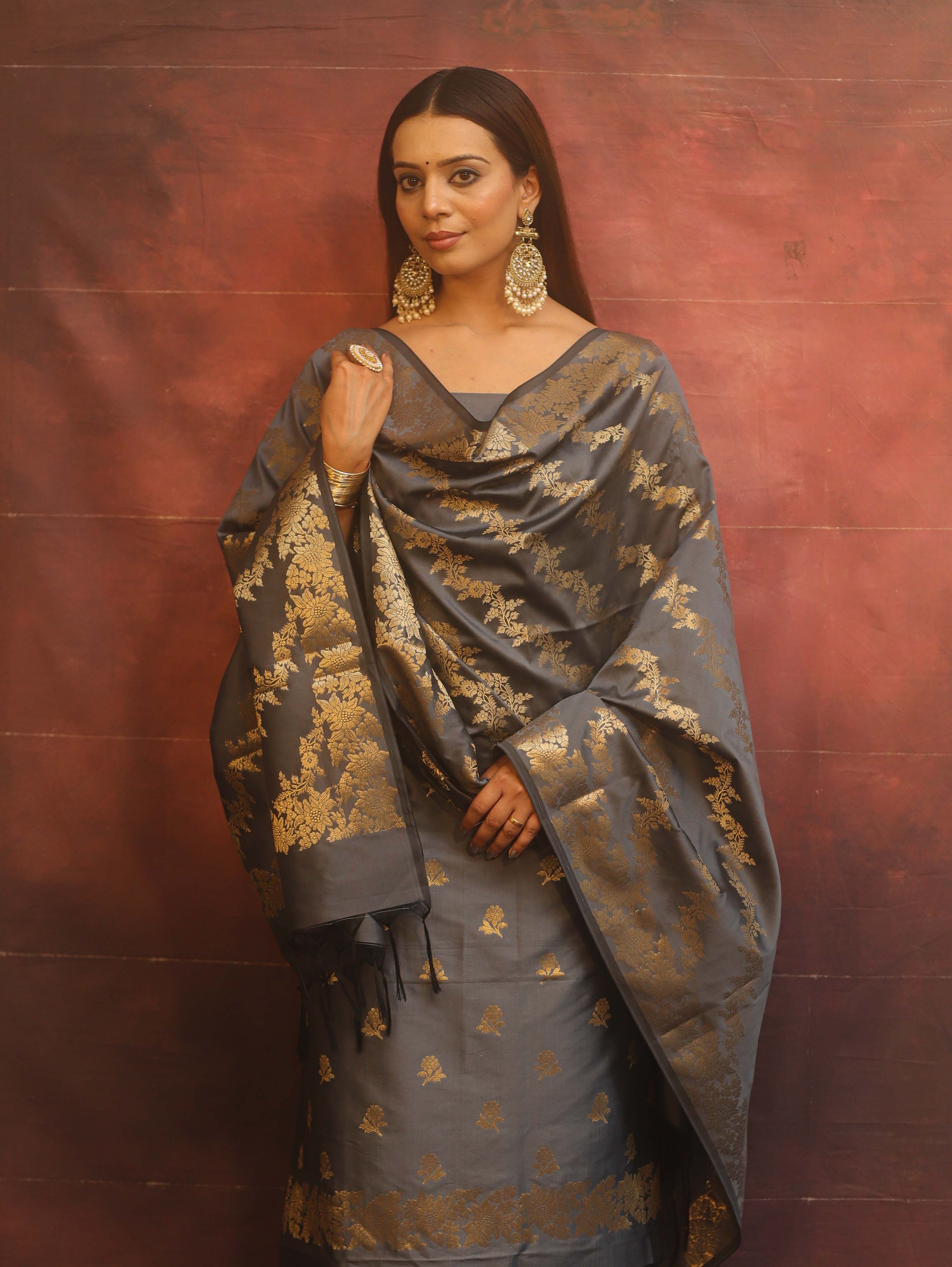 Banarasee Semi-Silk Salwar Kameez Fabric With Dupatta Set-Grey