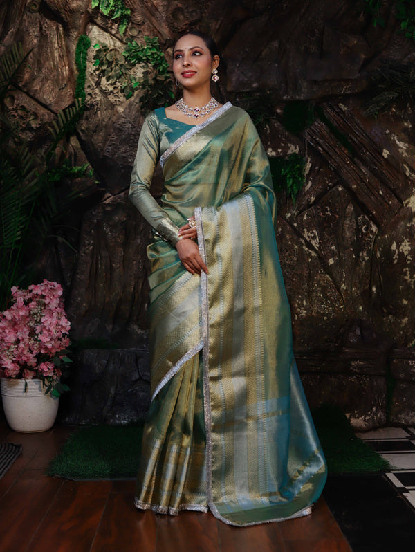 Banarasee Handwoven Dual Shade Plain Tissue Saree With Broad Zari Border & Lace-Green