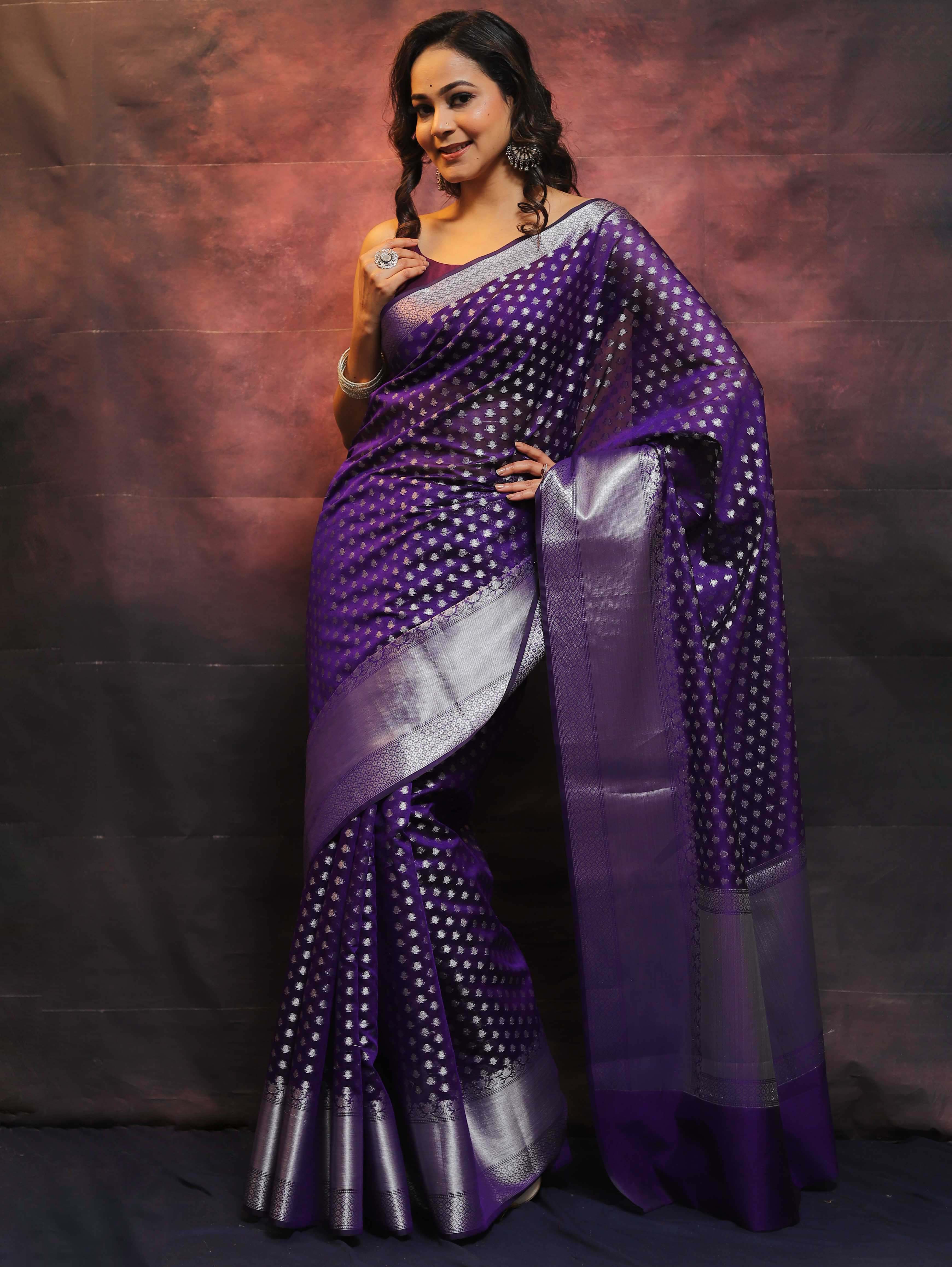 Banarasee Cotton Silk Floral Silver Zari Work Saree-Violet
