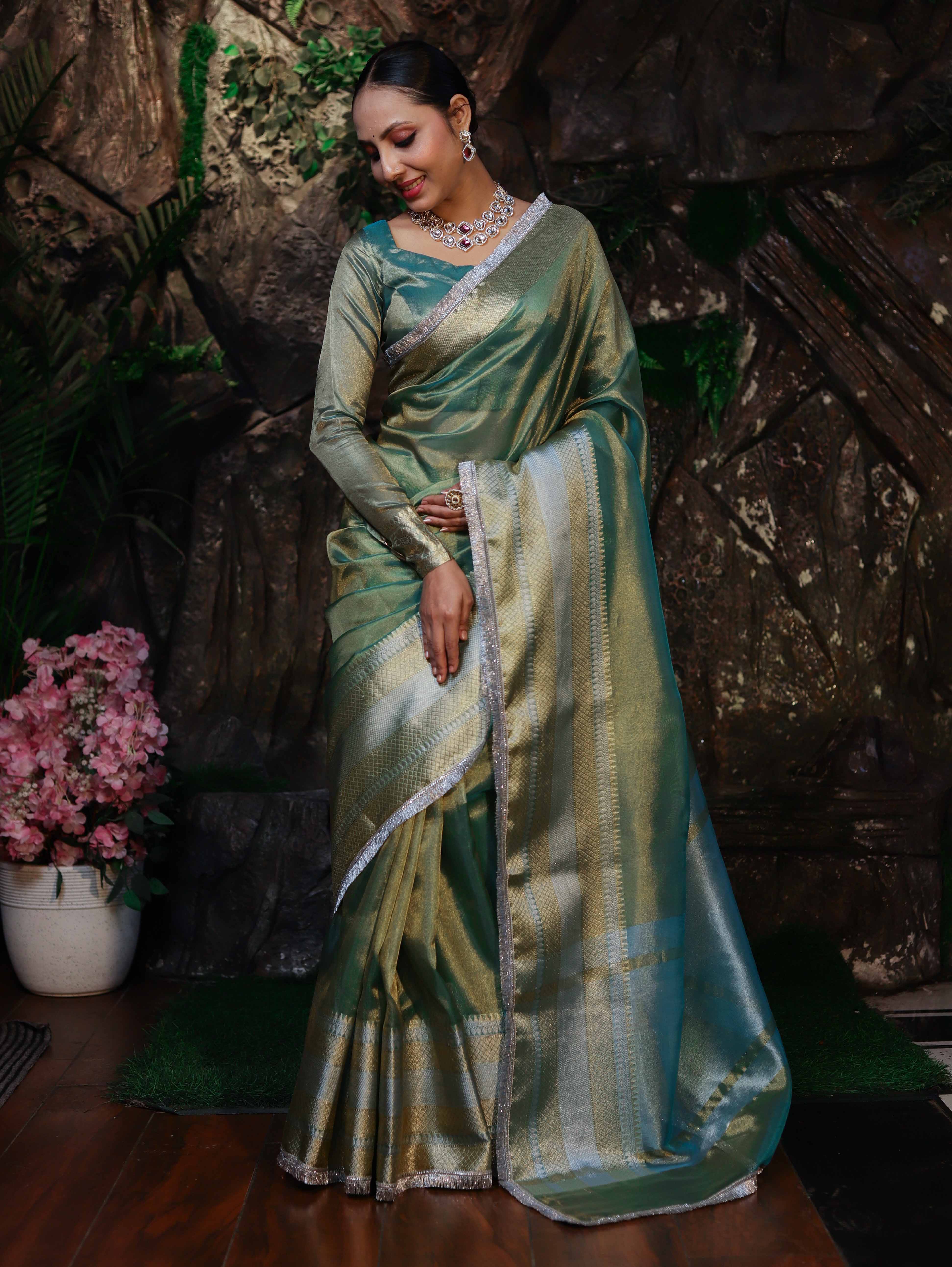 Banarasee Handwoven Dual Shade Plain Tissue Saree With Broad Zari Border & Lace-Green