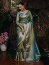 Banarasee Handwoven Dual Shade Plain Tissue Saree With Broad Zari Border & Lace-Green