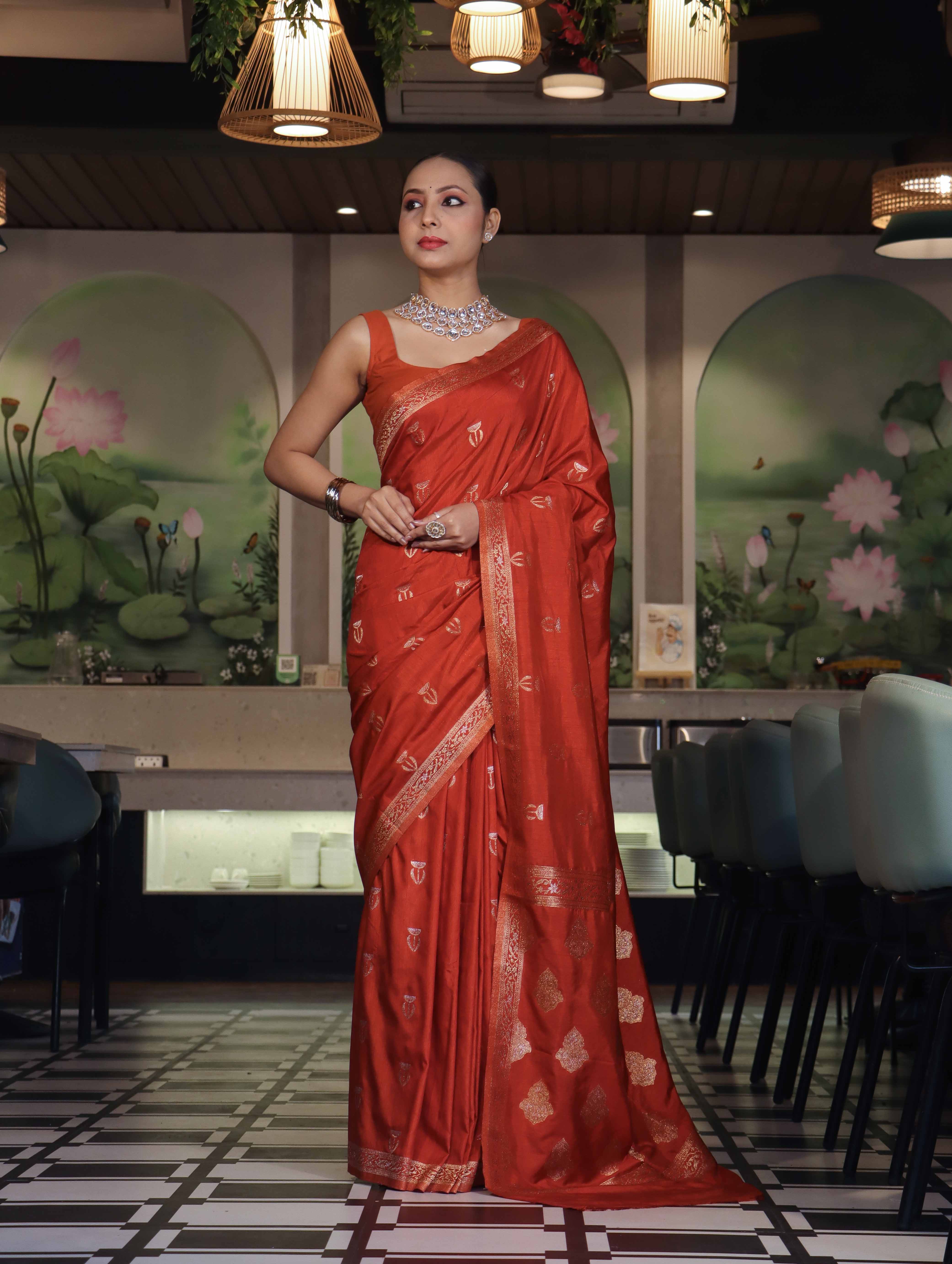 Banarasee Handloom Semi Silk Saree With Sona Rupa Zari Work & Border-Rust