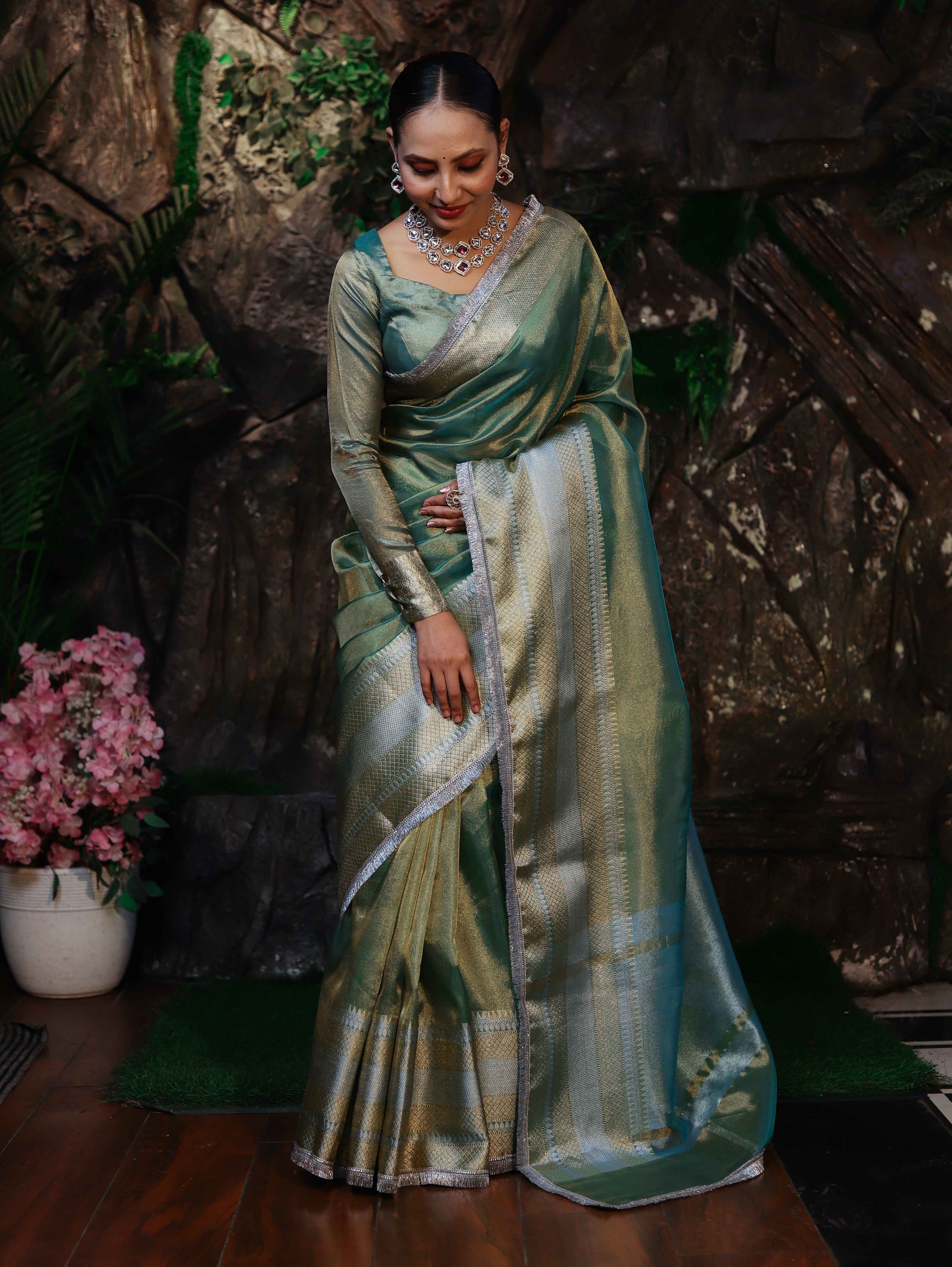 Banarasee Handwoven Dual Shade Plain Tissue Saree With Broad Zari Border & Lace-Green
