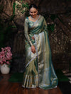 Banarasee Handwoven Dual Shade Plain Tissue Saree With Broad Zari Border & Lace-Green