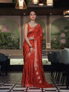 Banarasee Handloom Semi Silk Saree With Sona Rupa Zari Work & Border-Rust