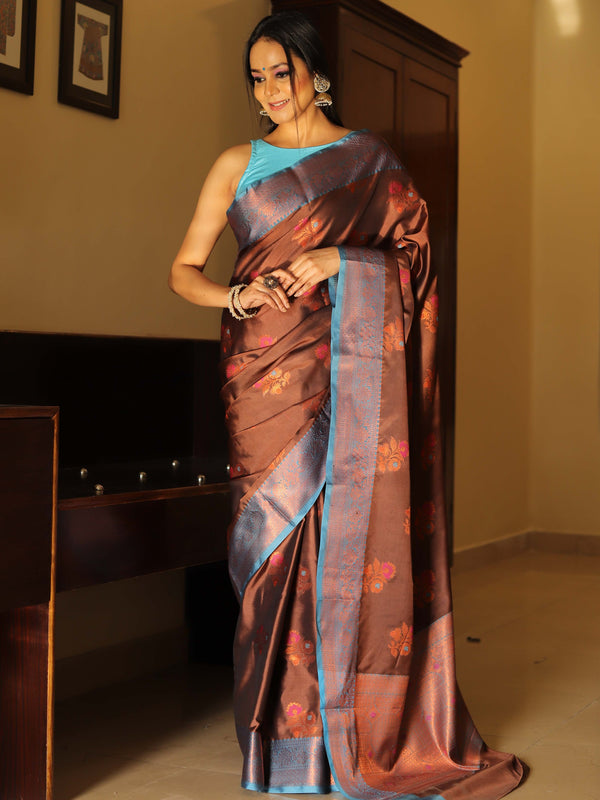 Banarasee Handwoven Semi Silk Saree With Contrast Border & Floral Buta-Brown & Blue