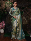 Banarasee Handwoven Dual Shade Plain Tissue Saree With Broad Zari Border & Lace-Green