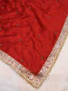 Banarasee Tissue Saree With Handwoven Motifs & Mirror Work Lace-Deep Red