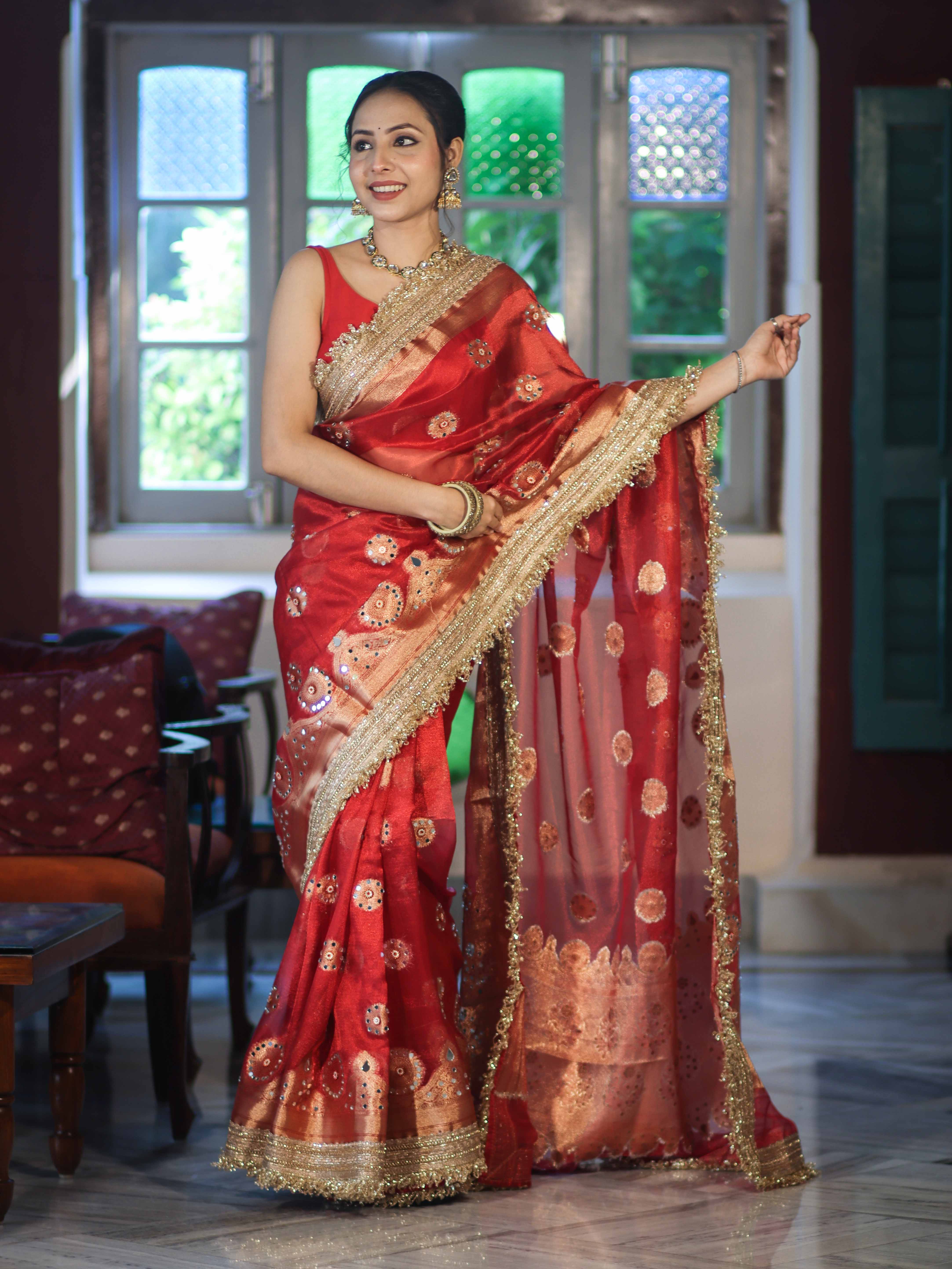 Banarasee Tissue Saree With Hand Embroidered Mirror Work Pearl Motifs & Zari Woven Pallu-Red