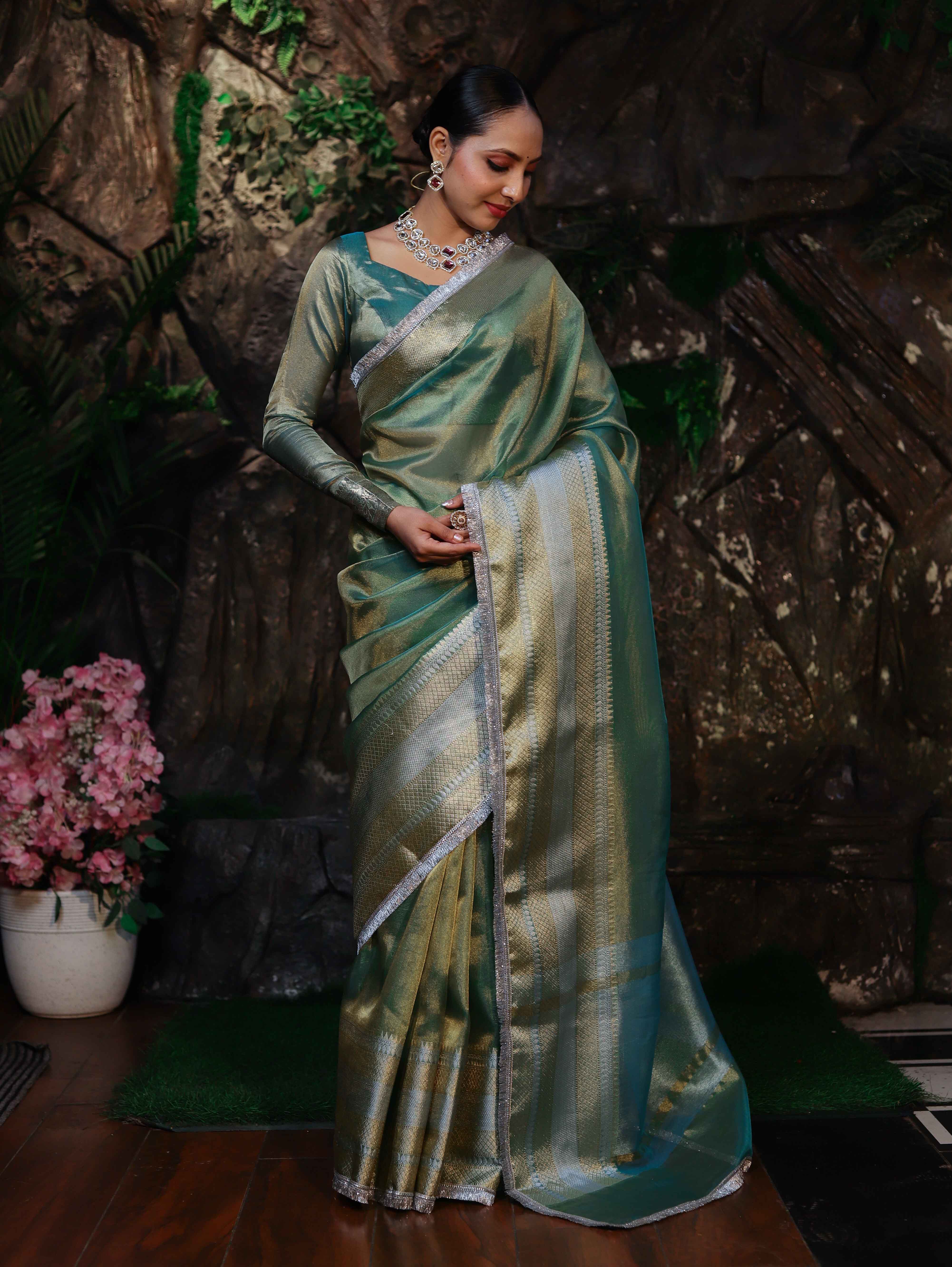 Banarasee Handwoven Dual Shade Plain Tissue Saree With Broad Zari Border & Lace-Green