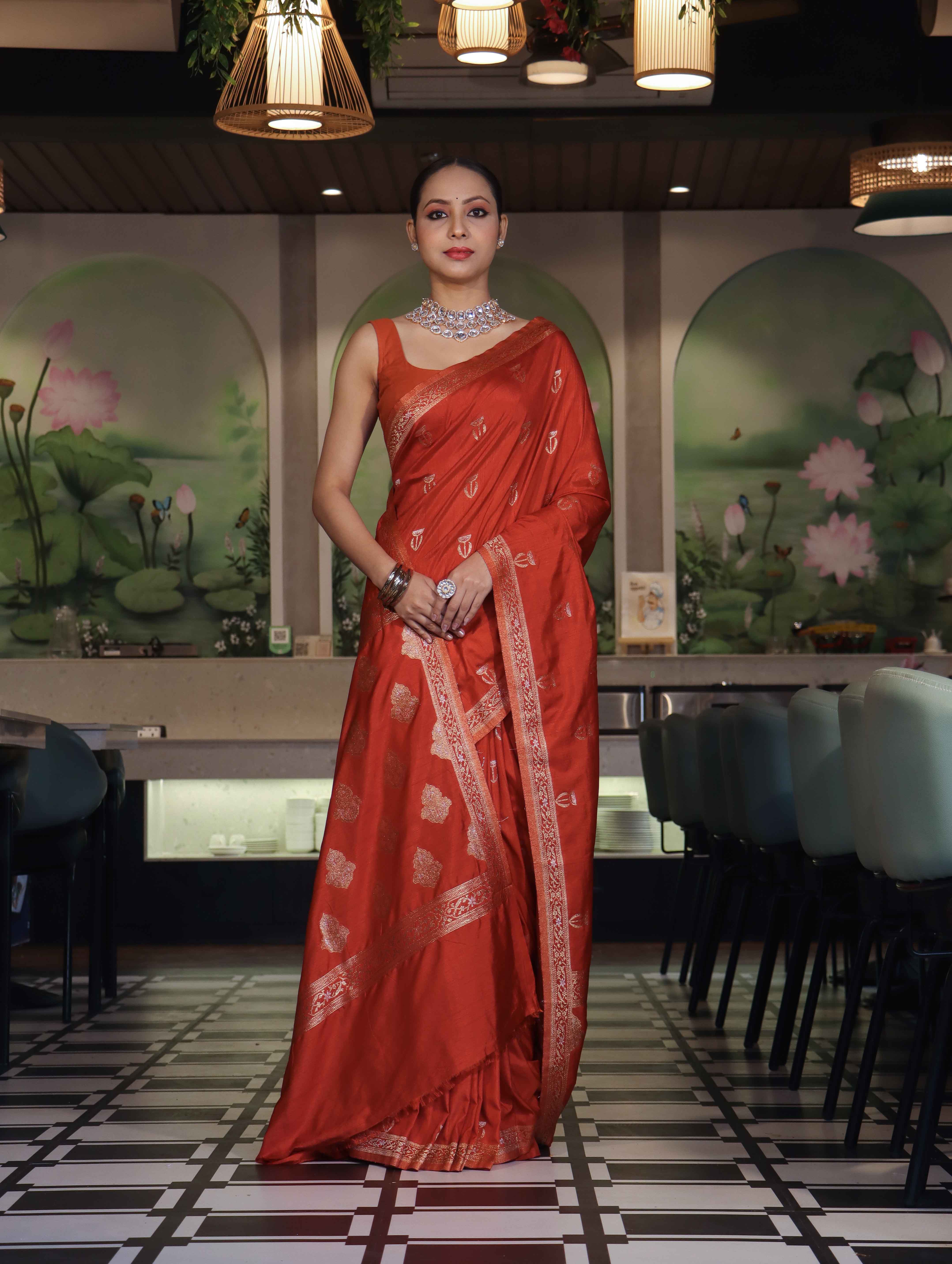 Banarasee Handloom Semi Silk Saree With Sona Rupa Zari Work & Border-Rust