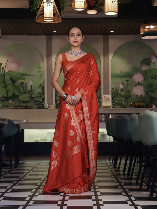 Banarasee Handloom Semi Silk Saree With Sona Rupa Zari Work & Border-Rust