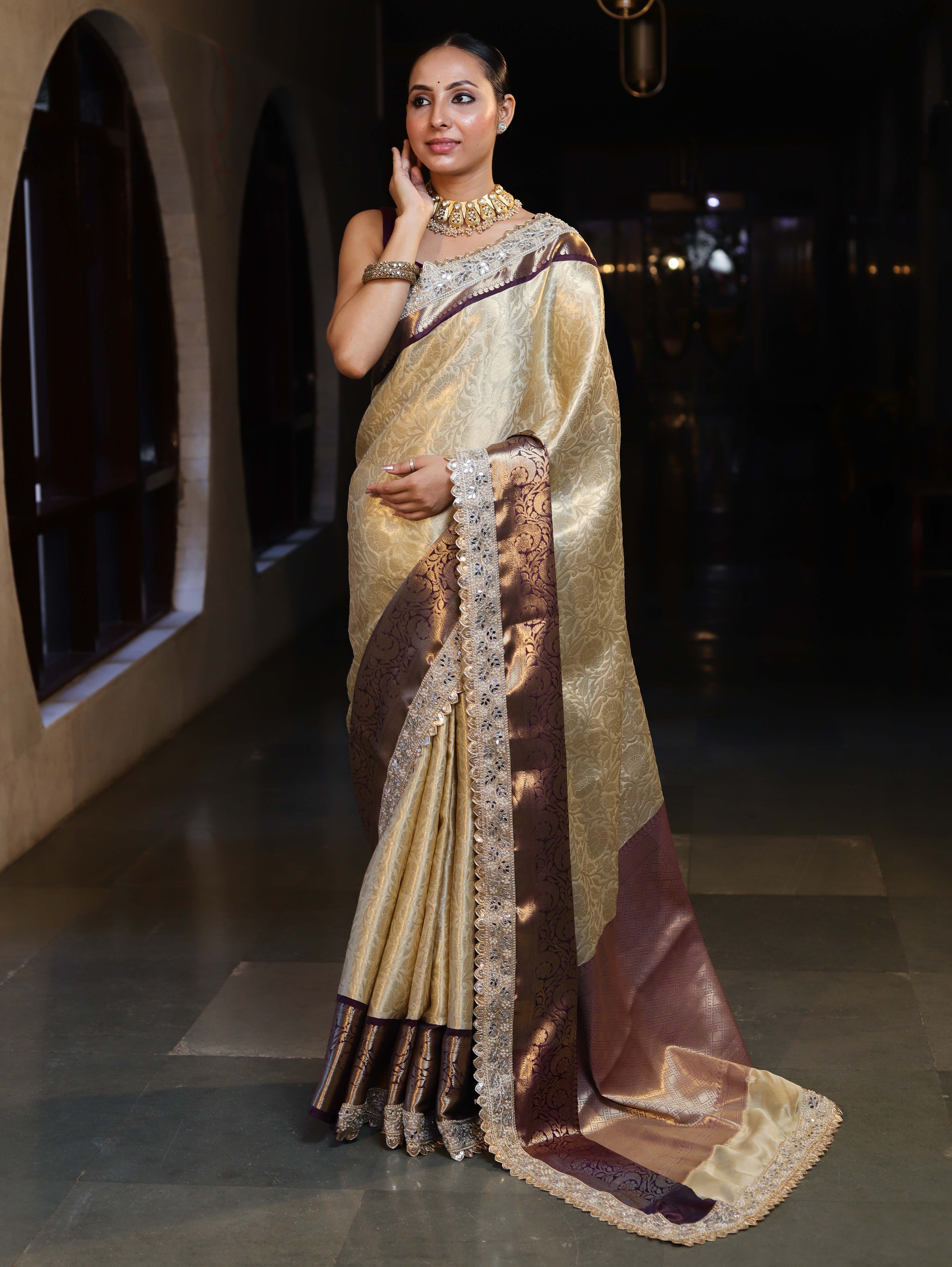 Banarasee Handwoven Tissue Saree With Zari Jaal Design Contrast Border & Lace-Beige & Purple