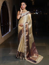 Banarasee Handwoven Tissue Saree With Zari Jaal Design Contrast Border & Lace-Beige & Purple