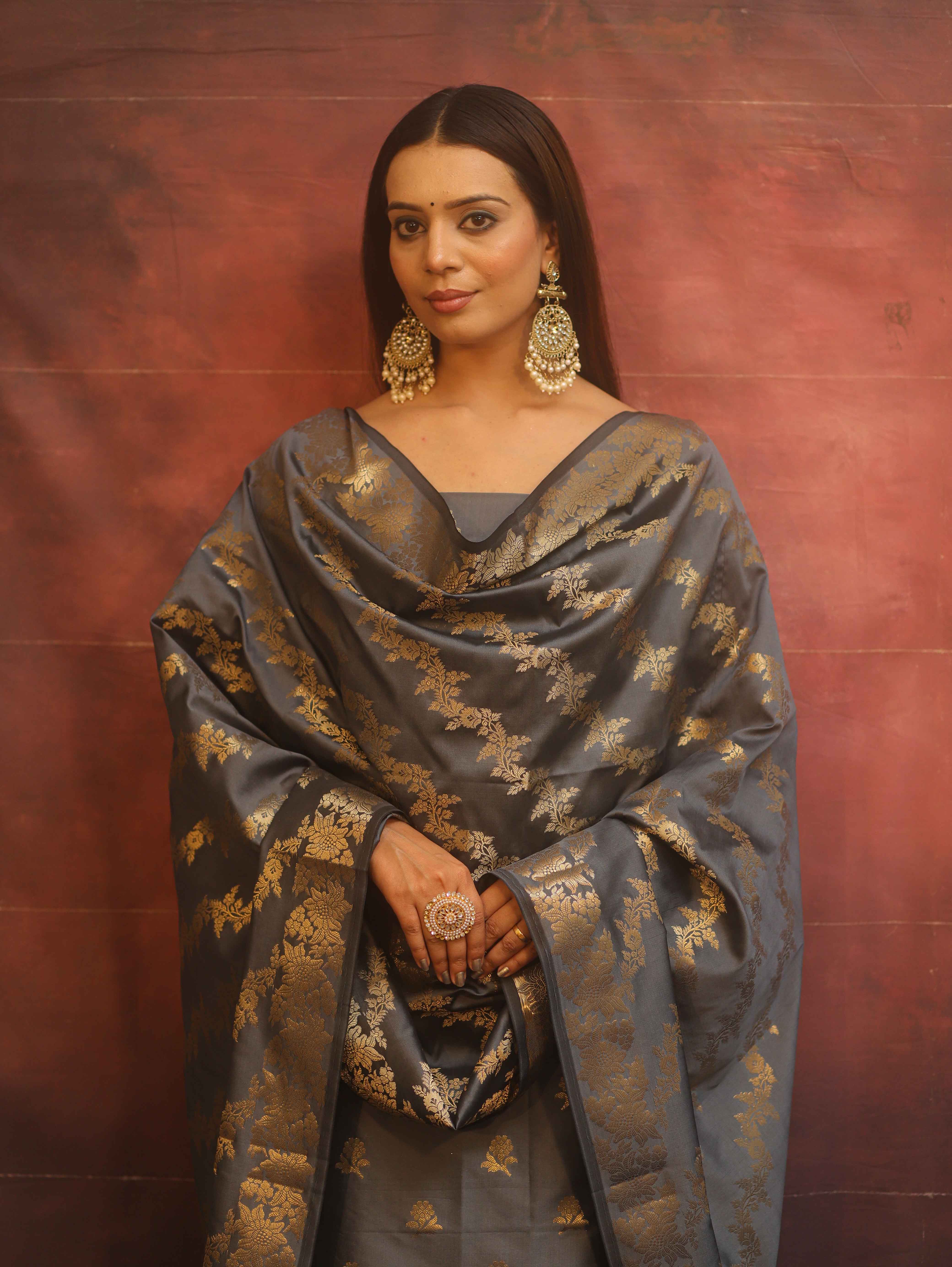 Banarasee Semi-Silk Salwar Kameez Fabric With Dupatta Set-Grey